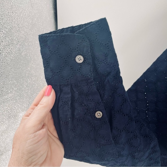 Talbots Navy Eyelet Button Front 100% Cotton Layering Summer Office Blouse Top - Picture 3 of 8